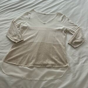 Women's pointelle stitched colorblock pullover sweater with chiffon back